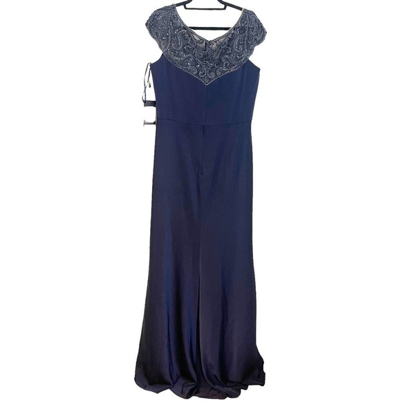 New La Femme Navy Blue Beaded Column Gown Women's Size 16 - Picture 12 of 14